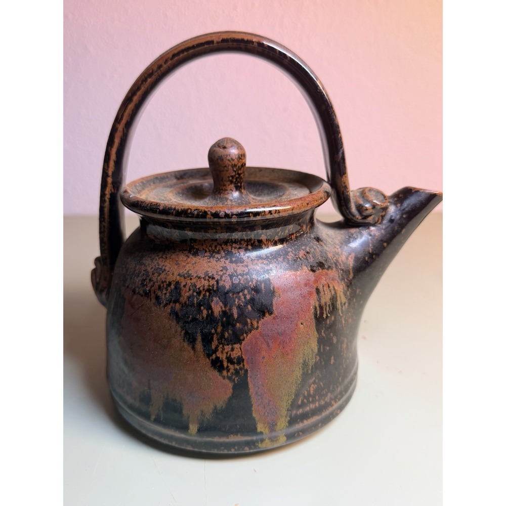 Signed Studio Pottery Teapot Owl Face Stoneware Arched Handle Drip Glaze Art